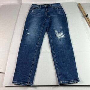 Judy Blue Jeans Women's 29x28* Slim Mid Rise Blue Faded Distressed Denim Tag 27